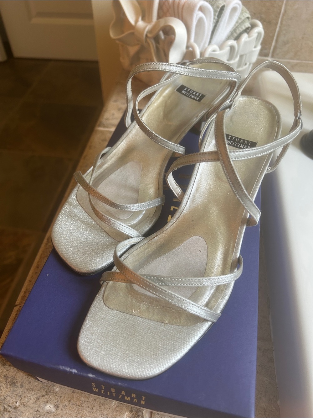 Stuart Weitzman Metallic Silver Strappy Sandals size 9